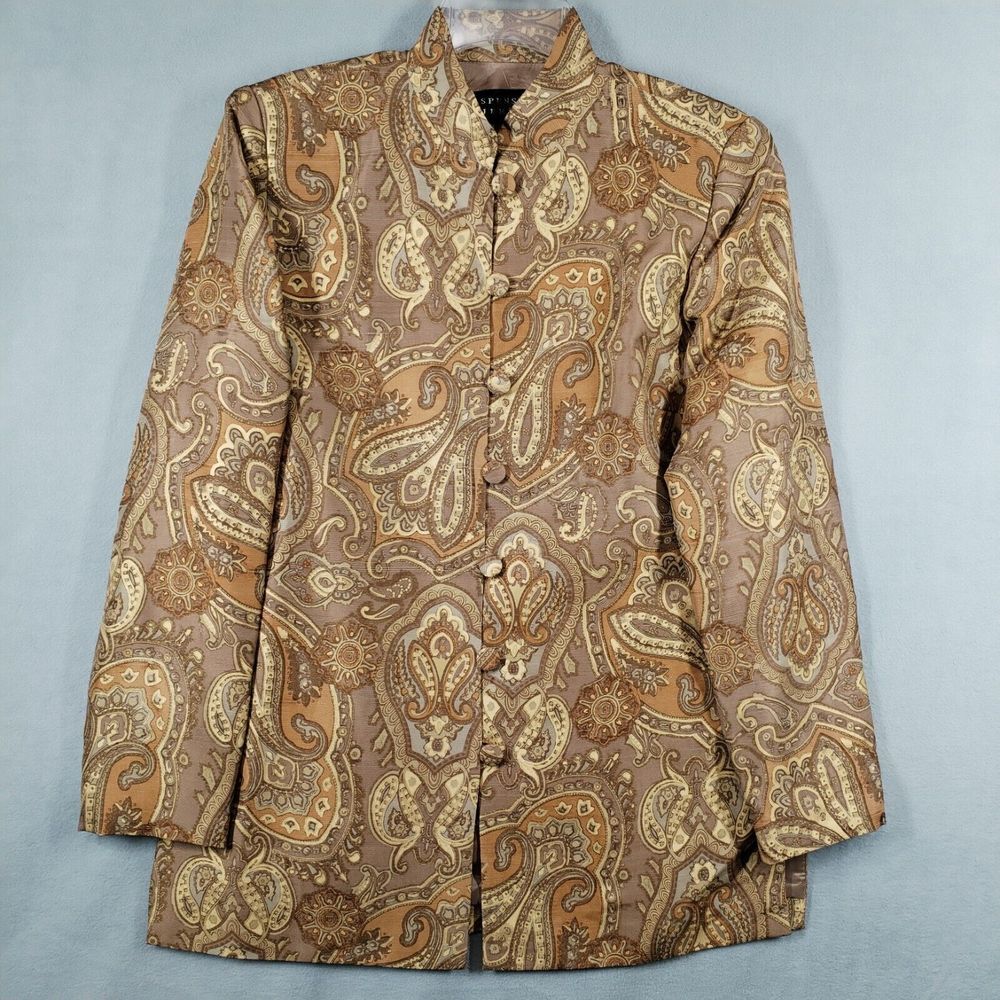Spencer Jeremy Size 4‎ Paisley Brown Golden Suit Jacket 100% Silk Shoulder Pads